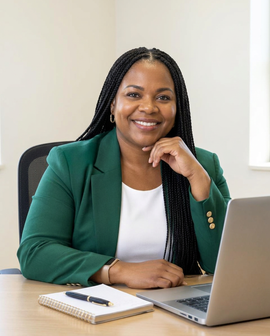 Smiling school leader at her desk